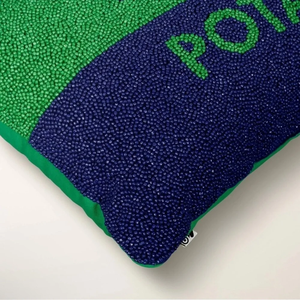 Kate Spade COUCH POTATO Navy Blue & Green Beaded Accent Lumbar Throw Pillow
